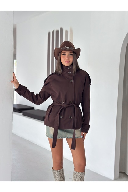 Women's Belt Detailed Stand Collar Buttoned Pocket Stylish Seasonal Trench Coat