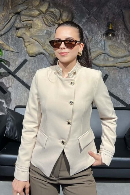 Women's Gold Buttoned High Collar Lined Short Jacket Sun467