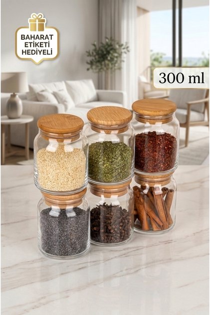 Set of 6 300 ml Glass Spice Jars with Bamboo Lids | Spice Jar, with Gift Label