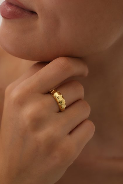 925 Ayar Gümüş Gold Kaplama Ayarlanabilir Kruvasan Yüzük
