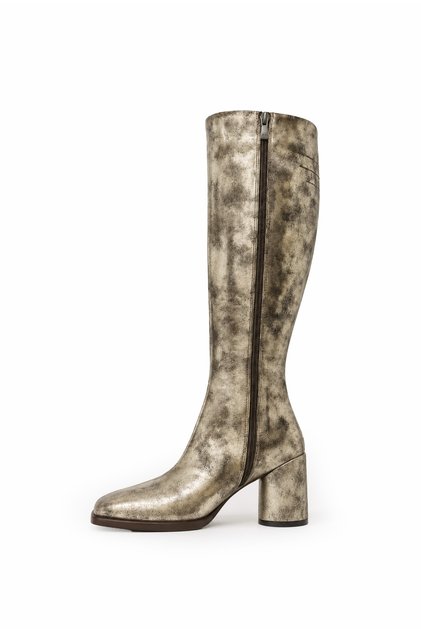 Women's Stylish Heeled Boots Genuine Gold Patterned Leather