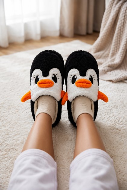 Women's Plush House Slippers with Penguin Pattern, Winter Warm, Closed Toe, Soft Sole, Comfortable Slippers