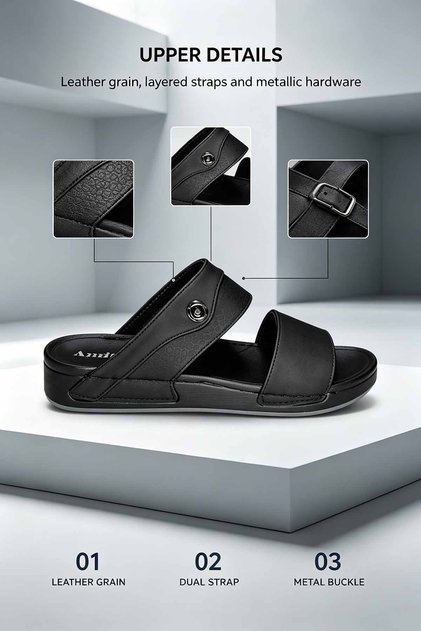 شباشب جلدية مريحة وداعمة للرجال، صنادل بحزامين على الطراز العربي، تفاصيل مشبك معدني، كعب بارتفاع 4 سم، نعل واسع ومريح للقدم، نعل مطاطي موثوق به ومضاد للانزلاق.