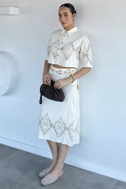 Women's Belt Detailed Skirt Openwork Shirt Double Set