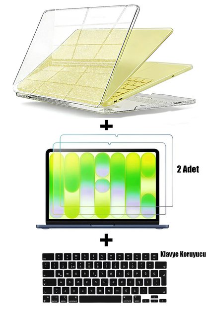 Macbook Neo 13 İnç (A18-A18 Pro 2026) Uyumlu Simli Şeffaf Kapak + 2 Adet Ekran Koruyucu + Klavye Pedi Set