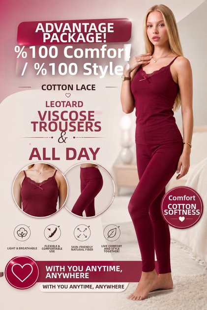 Women's Cotton Lace Athlete Viscose Tights 2-Piece Advantageous Set – Claret Red
