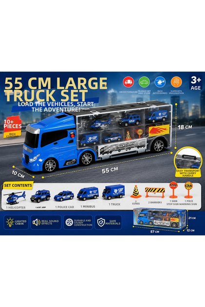 55 cm Police Vehicle Carrier Truck Set – Toy Truck with Mini Vehicles, Helicopter and Traffic Accessories Glt-E401