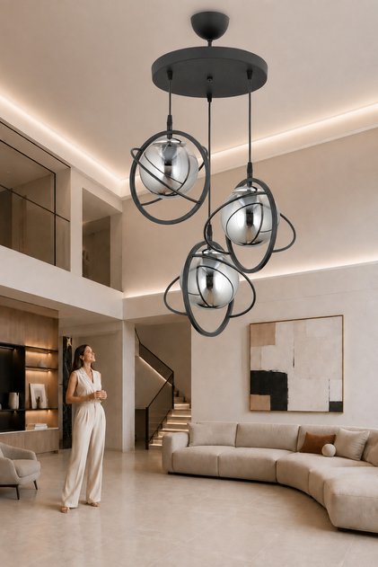 Urla 3'lü Siyah Sarkıt Füme Camlı Avize Salon Mutfak Yatak Odası