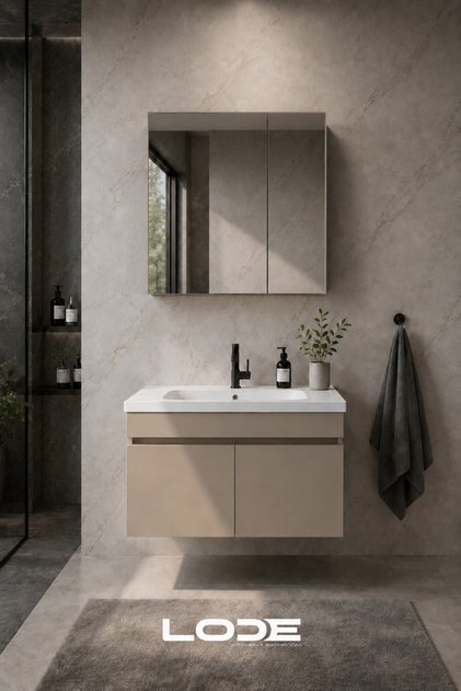 KALE Serisi Banyo Dolabı Seti Kumtaşı | Banyo Alt Dolap - Aynalı Üst Dolap | Cerastyle Frame Lavabolu, Lavabo-Aynalı Üst Dolap Dahil