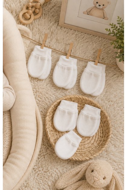 Set of 6 Ecru 100% Organic Cotton Newborn Baby Gloves