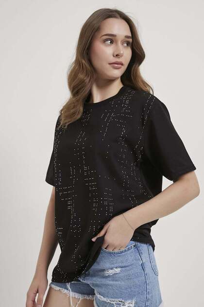 Crew Neck T-Shirt with Stone Detail