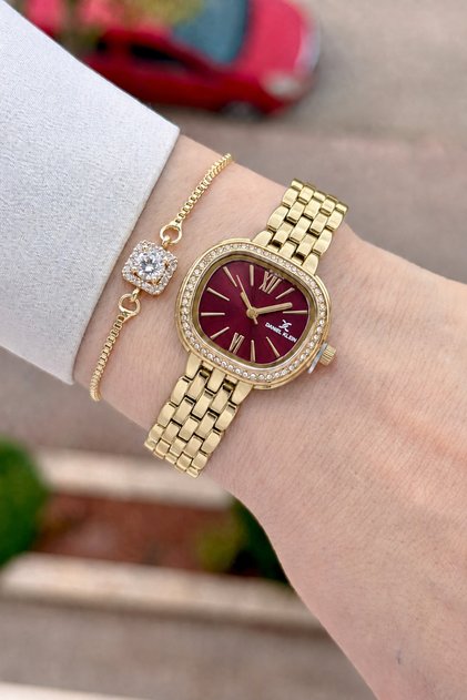 Dial Claret Red Cord Gold Color 27 mm 2 Year Warranty Women's Wristwatch and Bracelet