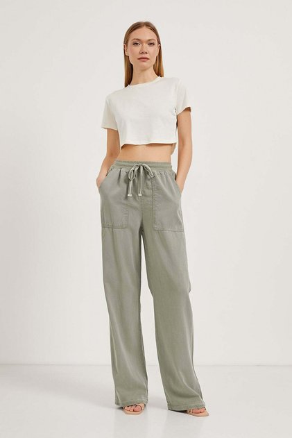 Women's Elastic Waist Baggy Fit Khaki Palazzo Pants