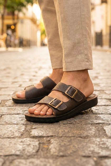Summer Men's Faux Leather Two Buckle Adjustable Comfortable Sole Daily Slippers