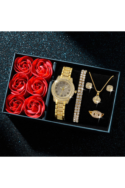 Gold 6Pcs Fashion Luxury Women Watch Necklace Earrings Ring Set For Women Rhinestone Wristwatch Brac