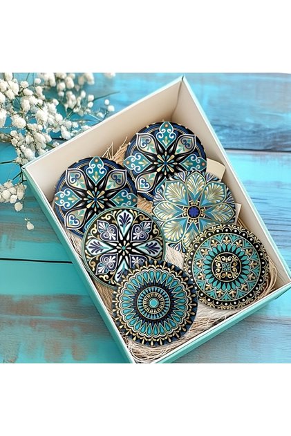 6pcs 6pcs 4in Colour 2D Moroccan Mandara Wooden Cup Mat Set Heat-Resistant Non-Slip Easy Clean Home