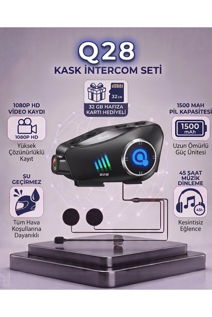 Q28 İntercom Kameralı HD 1080P Kameralı Kask Kulaklık Su Geçirmez 32GB Hafıza Kartlı