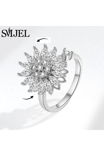 resizable TJZ512 Bohemia Fidget Spinner Ring Anxiety for Women Multiple Crystal Flower Adjustable Op