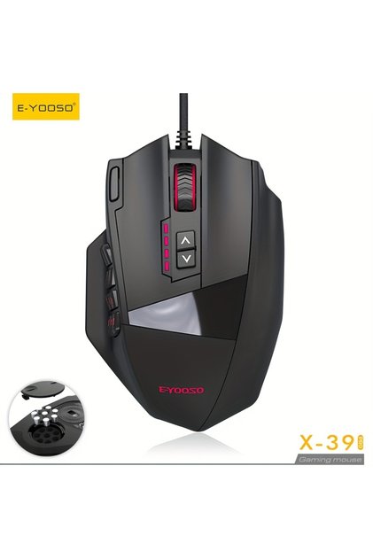 ماوس ألعاب سلكي أسود من إي-يوسو طراز X-39PRO مزود بأزرار جانبية، ومستشعر SG8960 مطور حديثًا، وتصميم مريح.