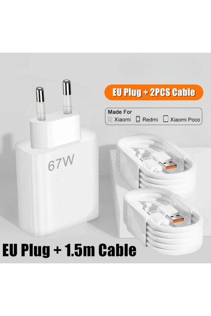 EU - 2PCS 1.5m Cable EU 67W Ultra Fast Charger for Xiaomi 11 12 Redmi Note 9 10S 11T 12 13 Pro POCO
