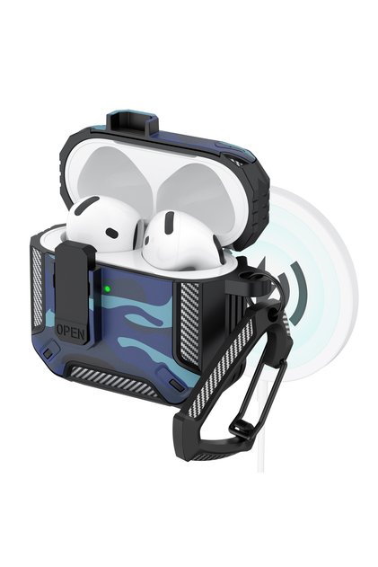 Case For AirPods 4 Camouflage Blue Upgraded Security Lock Case With Hook For AirPods 4 Cover 360 Deg