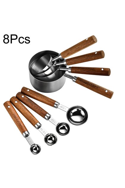 8Pcs Silver 1/4/8pcs Stainless Steel Measuring Spoons With Scale Wooden Handle Household Kitchen Din