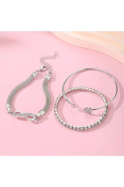 Steel 3Pcs Set Vintage Crystal Rhinestone Heart Bracelets for Women Fashion Geometric Adjustable Inf
