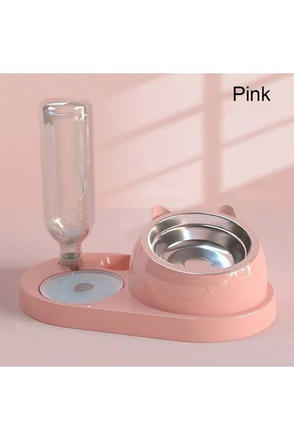 -Pink Food Container with Waterer Pet Waterer Feeder 2-in-1 Cat Bowl Water Dispenser Automatic Water