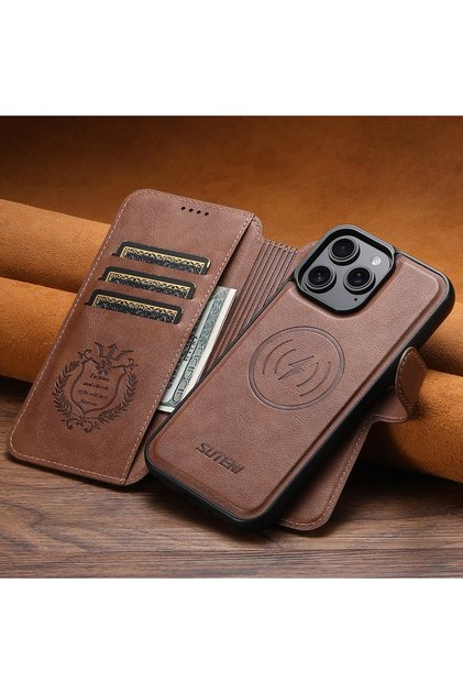 For iPhone 14 Pro Max Brown PU Leather Wireless Charging Card Holder Stand Wallet Magnetic Flip Cove