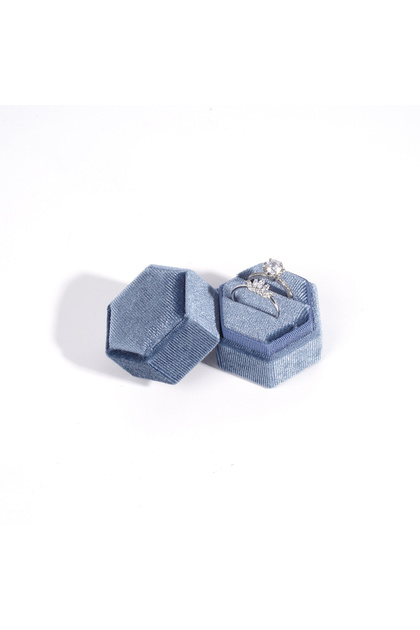 Grey Blue Vintage Hexagon Velvet Jewelry Double Ring Box Empty Case Holder for Engagement Wedding Ce