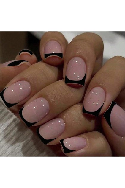 black 24pcs/set short square fake nails for women cute bride heart white french tips faux ongles y2k