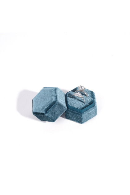 Grey Green Vintage Hexagon Velvet Jewelry Double Ring Box Empty Case Holder for Engagement Wedding C