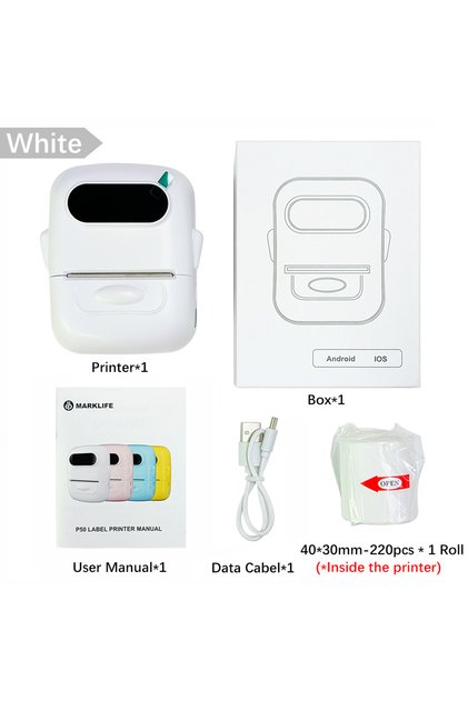 White Standard Set Marklife P50 Mini Label Printer Support 12-50mm Labels Portable Self-adhesive The
