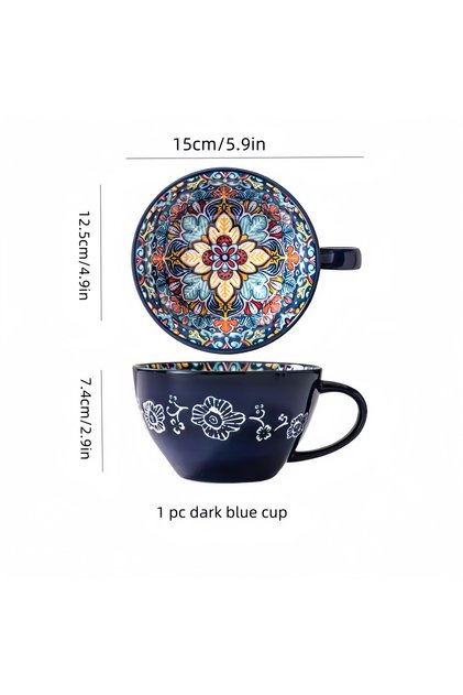 601-700ml 1pc dark blue cup Bohemian Morning Tea Mug, 13.5 oz Ceramic Coffee Mug for Family Colleag