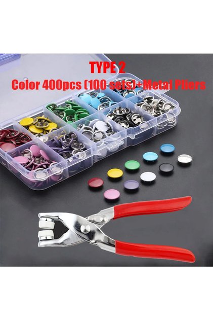 TYPE 2 50/100 Metal Prong Snap Button Hollow Press Prong Fastener Studs with Pliers Tool Set Kits fo