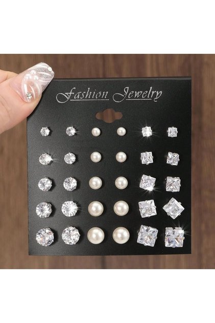 silver 15pairs Cubic Zirconia & Faux Pearl Decor Stud Earrings,Suitable For Holidays, Parties, Dates