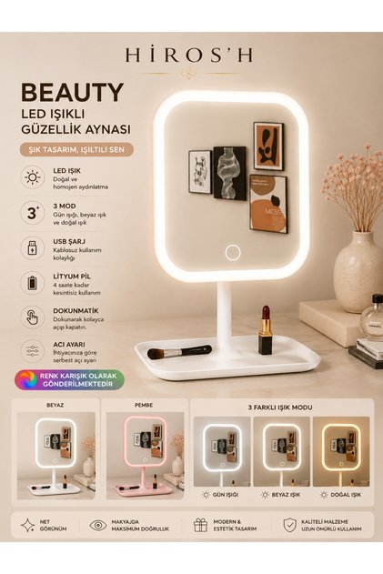 Kare Şık Tasarım Şarjlı Led Işıklı Makyaj Aynası Led Dokunmatik Makyaj Aynası Oynar Başlıklı 3 Modlu