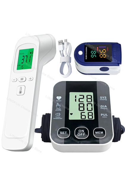 Set 4 Medical Arm Blood Pressure Meter Tensiometers Tonometer Cuff Fever Thermometer Oximeter Heart