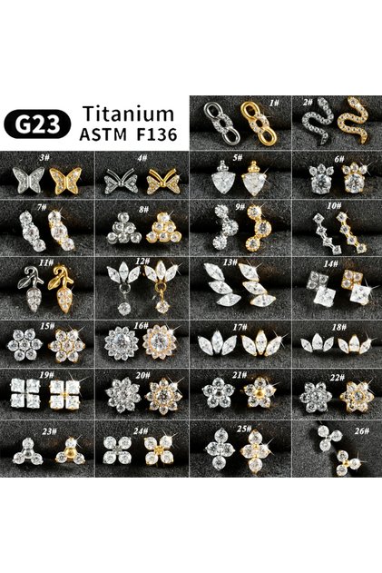 1PC NO.17 Silvery Color 1PC Titanium Zircon Lip Studs Internal Thread Cz Snake Ear Helix Tragus C