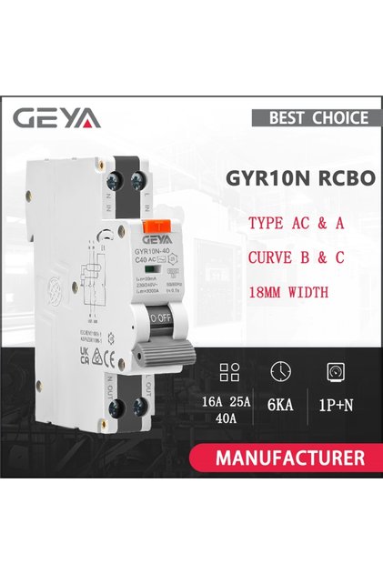 Type A C25A 30mA GEYA Electronic Type RCBO 18mm 230V 1P+N 6KA Residual Current Circuit Breaker with