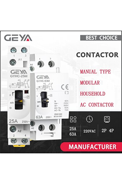 2P 25A 2NO GEYA Manual Control AC Contactor 2P 4P 25A 63A 220V/230V 50/60Hz Din Rail Household AC Mo