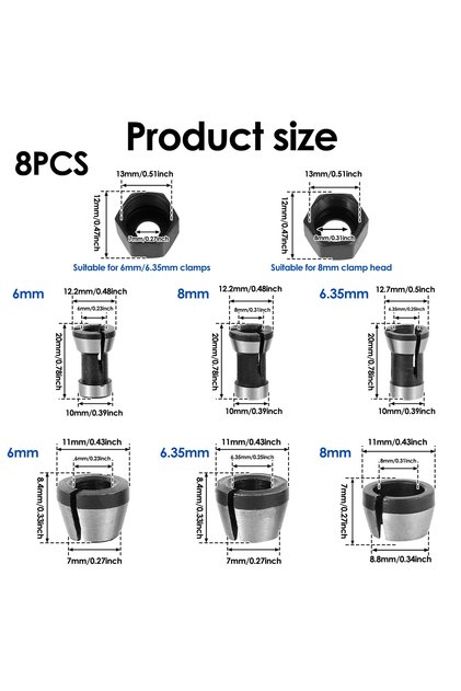 A set 8pcs 6/8/12pcs Router Collet Chuck 6mm 6.35mm 8mm High Precision Trimmer Collet Adapter for Wo