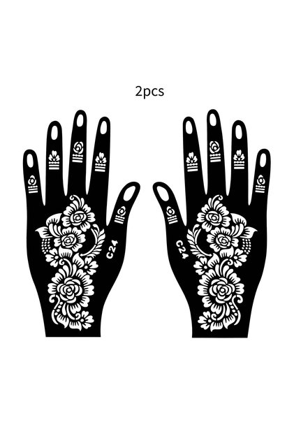 C24 2pcs/set Reusable Henna Tattoo Stencils Flower Tattoo Template for Women Hand Fingers Henna Sten
