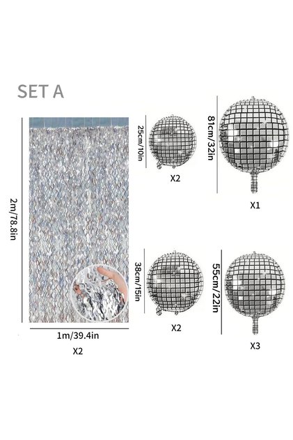 SET A 10pcs/Set Disco Party Decoration, Including Silver Foil Curtain Disco Ball Balloons S, 70s 80s