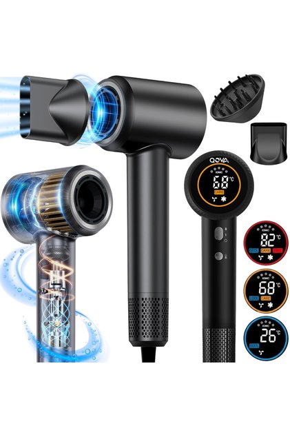 Uscător de păr profesional, FeonIonic 1600W, Qova ® Ultra-puternic cu motor de 110.000 RPM, 500 de milioane de ioni negativi, ecran LCD inteligent, uscare rapidă, silențios, reglare în 6 moduri, difuzor magnetic, negru
