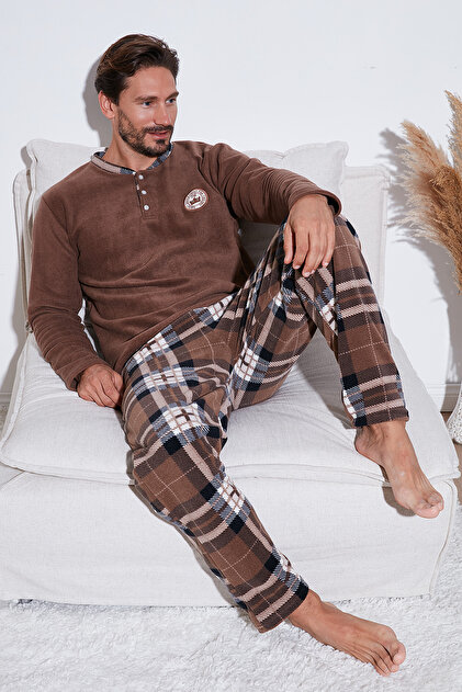 Plaid Regular Fit Buttoned Crew Neck Winter Fleece Pajama Set Men's PAJAMA SET 609