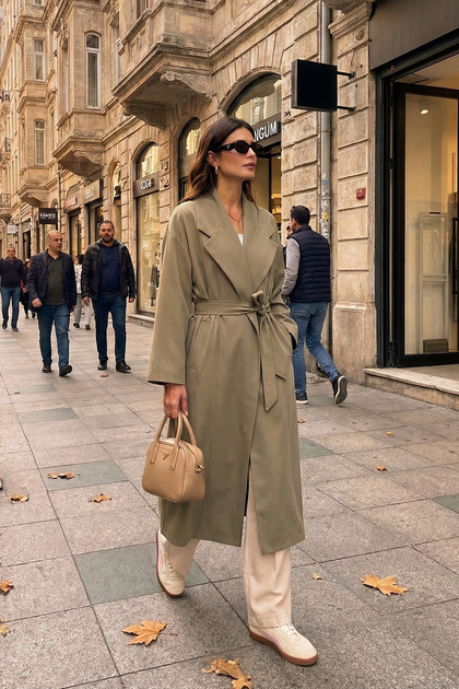 Oversized Fit Double-Breasted Collar Belted Lined Trench Coat Trench Coat 6839617