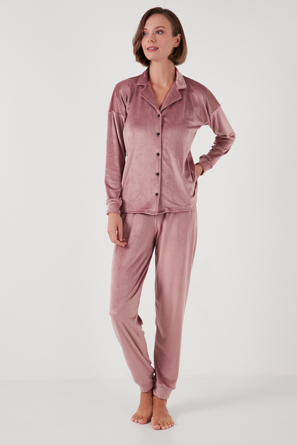 Regular Fit Soft Textured Shiny Velvet Ribbed Pajama Set Pajama Set 6097110