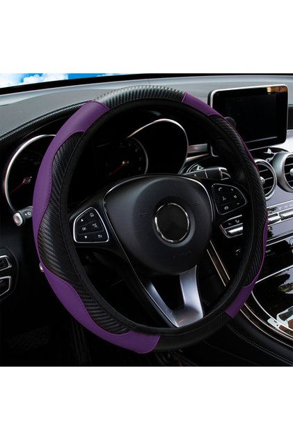 Purple PU Carbon Fiber Leather Car Steering Wheel Cover without Inner Ring Suitable for 14.5-15 Inch