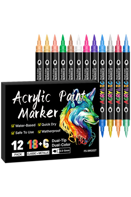 12Pack-24Colors 24/48/72/144 Colors Acrylic Paint Markers,Dual tips Dual Color for Rock Painting,Can
